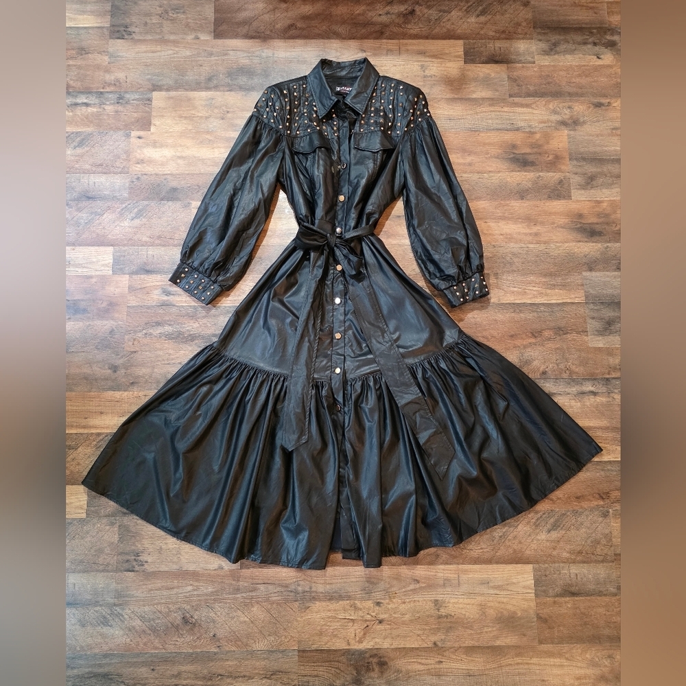 Terramina NY Women's Black Faux Leather Gold Metal Studded Belted Maxi Dress 10